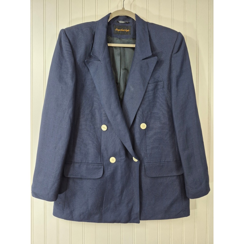 Vintage Giorgio Sant'Angelo Navy Linen Blend Double Breasted Nautical Blazer 10